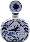 Azulejos Talavera Anejo 750 ML bottle with blue agave design and Talavera style ceramic decoration