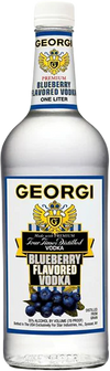 Georgi Blueberry Flavored Vodka 1L bottle with label featuring blueberries.