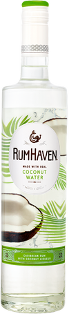 Rumhaven Caribbean Rum With Coconut Liqueur 1L bottle with tropical design.