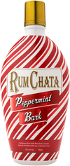 Rumchata Peppermint Bark 750 ML bottle with red and white peppermint stripe design.