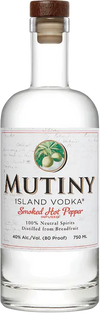 Mutiny Island Vodka Smoked Hot Pepper Vodka 750ML bottle with clear liquid and white label displaying tropical fruit illustration and bold text