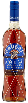 Brugal Anejo Superior Rum 1.75L bottle with blue label and netting.