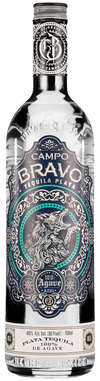 Campo Bravo Plata Tequila 100% de agave bottle with intricate label design, 1L.