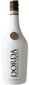 Dorda Coconut Liqueur 750 ML bottle with label, made with real coconut, Chopin Rye Vodka, milk, and sugar.
