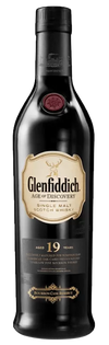 Bottle of Glenfiddich 19 Year Old Bourbon Barrel Reserve Scotch Whisky 750 ML with golden label and box