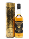 Game of Thrones Six Kingdoms Mortlach 15 Years Old Single Malt Scotch Whisky with gold canister featuring three-eyed raven design.