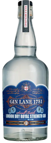 Gin Lane 1751 Small Batch Royal Strength London Dry Gin bottle, 750 ml, with a blue label featuring eight botanicals and a 47% ABV.