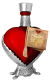 Grand Love Tequila Reposado in red heart-shaped bottle with silver stand and label tag