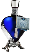 Grand Love Tequila Blanco 750ML in blue heart-shaped ceramic bottle with silver accents and tag.