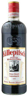 Killepitsch Premium Krauterlikor 750 ML bottle with dark red liquid, aromatic herbal and berry flavors.
