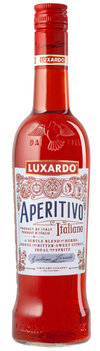 Luxardo Aperitivo Liqueur 750 ML bottle with a vibrant red label featuring Italian design elements.