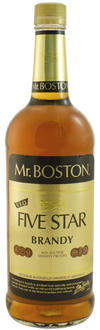 Mr Boston Five Star Brandy 1 L bottle with gold label and amber liquid inside