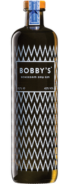 Bobby's Dry Gin, Schiedam Dry Gin, 750 ML bottle with a zigzag pattern design.