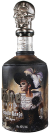 Padre Azul Anejo Dia de Los Muertos tequila bottle with Catrina design, featuring skull-shaped cap, 750 ml.
