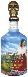 Padre Azul Double Barrel Reposado tequila bottle with skull cap and artistic label of woman outdoors