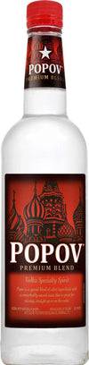 Popov Vodka 80 proof 750ml bottle with red label and premium blend text.