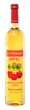 Bottle of Schonauer Apfel Liqueur 750 ML with vibrant apple liqueur pour