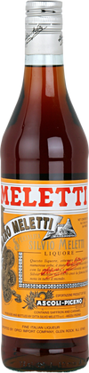 Meletti Amaro Liqueur 750 ML bottle with label detailing its cold-extract percolation process.