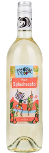 Bottle of Reggae Wines Peach Splashcato Easley Grape Wine With Natural Flavor 750 ML with peaches and a wine glass