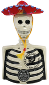 Skelly Tequila Anejo ceramic bottle with mariachi hat and skeleton design