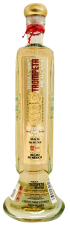 Tequila Trompeta Reposado 750 ML bottle with golden hue from aging in oak barrels.