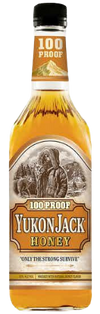 Yukon Jack Honey Whiskey 750 ML bottle with label detailing its 100 proof and iconic branding.